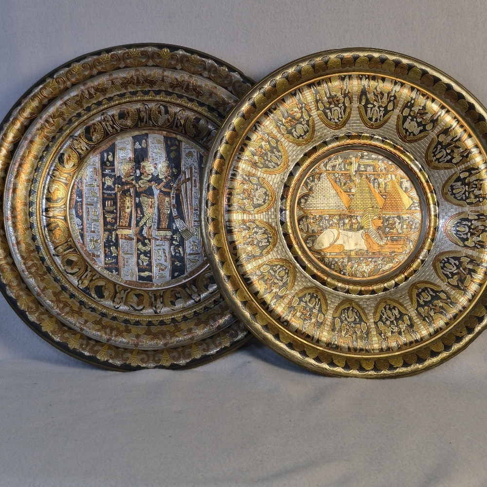 Vintage Egyptian Decorative Wall Plates Copper, Brass & Silver Inlay, Set of 2